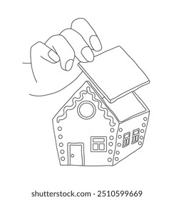 The outline of hand puts a roof on a icing-decorated gingerbread house. Vector illustration on a white background