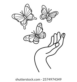 Outline Hand releasing butterflies. Line drawing, coloring page. Vector illustration perfect for zero discrimination day, celebrate, card, concept symbol freedom, transformation and nature etc.