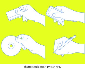 Outline of hand with smartphone, cd discs and pen, vector