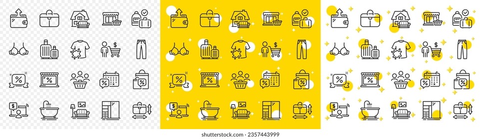 Outline Handbag size, Handbag and Carry-on baggage line icons pack for web with Wallet, Sale bags, Furniture line icon. Buyer, Buyers, Discounts calendar pictogram icon. Online shopping. Vector