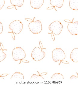 Outline hand-drawing seamless pattern with orange apples with leaves. Cute background. Use for textile print, fabric, web design, wallpaper, packging design, wrapping paper etc. Vector illustration.