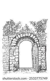 Outline Hand-Drawn Sketch of Antique Brick Gate with Open Door, bamboo tree black at white background
