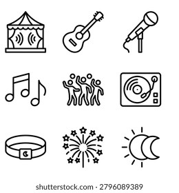 Outline Handdrawn Stage, Guitar, Microphone, Music Notes, Dancing People, Turntable, Bracelet, Fireworks, and Celestial Body Icons