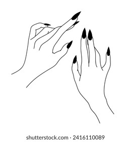 Outline hands with black sharp manicure. Beautiful hand set.