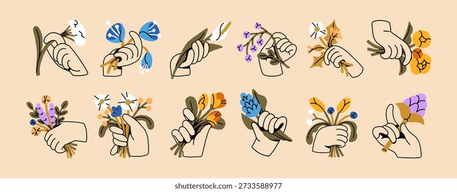 Esquema de las manos con flores de colores. Las Personas tienen diferentes ramos y ramas de flores silvestres. Posies y racimos de plantas de prado en flor con hojas. Ilustración vectorial aislada plana