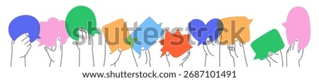Outline hands with colourful speech bubbles. People hold frames with different shapes for talk and text. Online chat. Communication and conversation concept. Flat isolated vector illustration on white