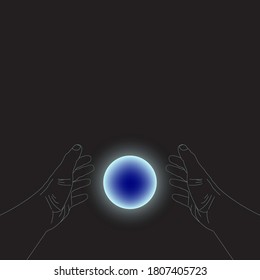 Символ эзотерика. Биоэнергетика. Магия. The outline of the hands and the energy ball between them. Vector drawing on a black background.