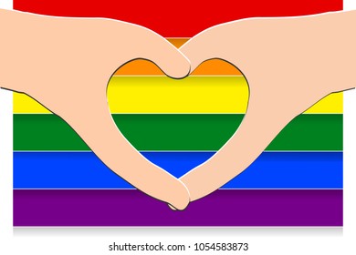 Outline of hands in heart shape (paper cut style) on colorful rainbow striped background, the symbolic of GLBT / LGBT / LGBTQ (lesbian, gay, bisexual, transgender, questioning). Vector illustration.