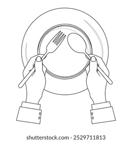 Esquema de manos sosteniendo cubiertos con placa vacía, adecuado para un libro para colorear. El diseño de la línea es simple pero elegante, para una experiencia de coloración con un tema de comedor formal o modales de mesa