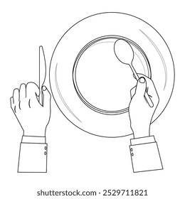 Outline Hands Holding Cutlery with Empty Plate, suitable for a coloring book. The line design is simple yet elegant, for a coloring experience with a formal dining theme or table manners