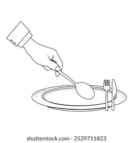 Esquema de manos sosteniendo cubiertos con placa vacía, adecuado para un libro para colorear. El diseño de la línea es simple pero elegante, para una experiencia de coloración con un tema de comedor formal o modales de mesa