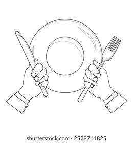 Outline Hands Holding Cutlery with Empty Plate, suitable for a coloring book. The line design is simple yet elegant, for a coloring experience with a formal dining theme or table manners