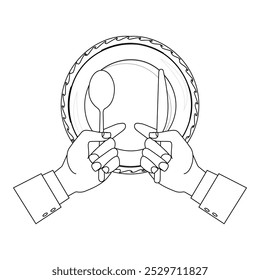 Esquema de manos sosteniendo cubiertos con placa vacía, adecuado para un libro para colorear. El diseño de la línea es simple pero elegante, para una experiencia de coloración con un tema de comedor formal o modales de mesa