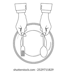 Esquema de manos sosteniendo cubiertos con placa vacía, adecuado para un libro para colorear. El diseño de la línea es simple pero elegante, para una experiencia de coloración con un tema de comedor formal o modales de mesa