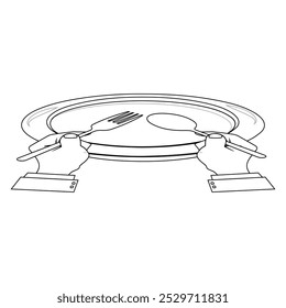 Esquema de manos sosteniendo cubiertos con placa vacía, adecuado para un libro para colorear. El diseño de la línea es simple pero elegante, para una experiencia de coloración con un tema de comedor formal o modales de mesa