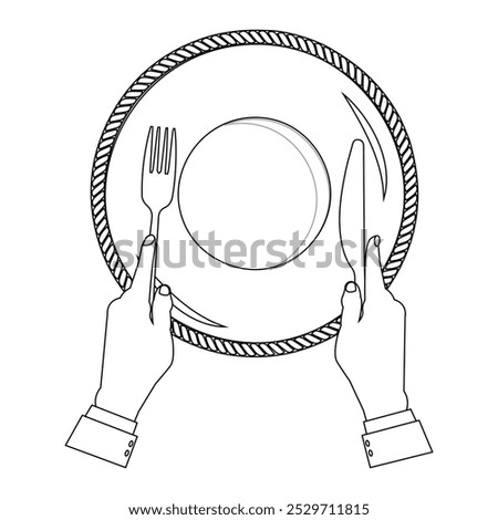 Outline Hands Holding Cutlery with Empty Plate, suitable for a coloring book. The line design is simple yet elegant, for a coloring experience with a formal dining theme or table manners