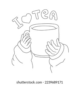 Outline of hands holding a large mug of tea and the inscription I love tea. Vector illustration on a white background