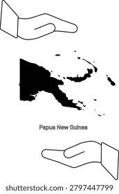 Outline of hands holding the map of Papua New Guinea, symbolizing support or care.