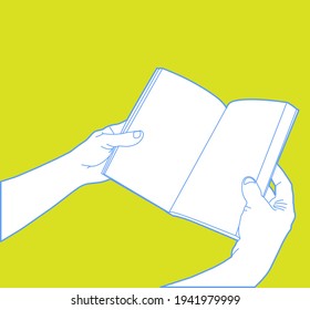 Outline of hands holding open book, reading, vector