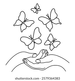 Outline Hands releasing butterflies. Butterfly symbol freedom, transformation and nature. Line drawing, coloring book. Vector illustration perfect for zero discrimination day, celebrate, card, etc.