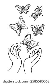 Outline Hands releasing butterflies. Butterfly symbol freedom, transformation, and connection with nature. Vector Line drawing perfect for zero discrimination day, celebrate, greeting card, etc