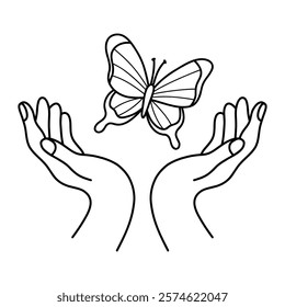 Outline Hands releasing Butterfly. Symbol freedom, transformation and connection with nature. Vector illustration. Line drawing 