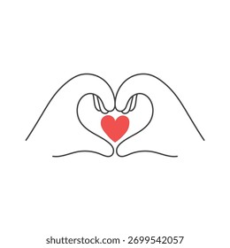 Outline hands showing heart shape, making love sign. Love, care and empathy concept. Isolated vector illustration