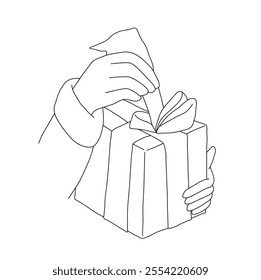 Outline of hands untying a bow on a gift box. Vector illustration on a white background