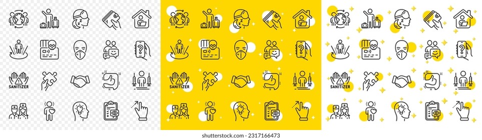 Outline Handshake, Idea head and Global business line icons pack for web with Wallet, Cyber attack, Communication line icon. Insomnia, Clean hands, Puzzle pictogram icon. Vector