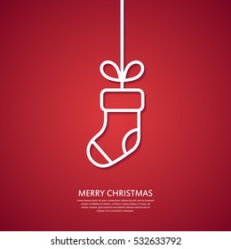 Outline hanging Christmas sock. Minimal Christmas abstract background. Christmas greeting card. Vector illustration.