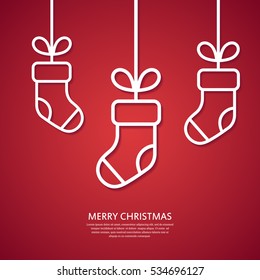 Outline hanging Christmas socks. Minimal Christmas abstract background or greeting card. Vector illustration.