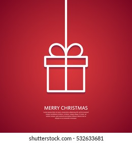 Outline hanging gift box. Minimal Christmas abstract background. Christmas greeting card. Vector illustration.