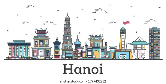 Outline Hanoi Vietnam City Skyline with Color Buildings Isolated on White. Vector illustration. Hanoi Cityscape with Landmarks.