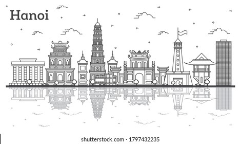 Outline Hanoi Vietnam City Skyline with Modern Buildings and Reflections Isolated on White. Vector illustration. Hanoi Cityscape with Landmarks.