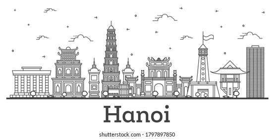 Outline Hanoi Vietnam City Skyline with Modern and Historic Buildings Isolated on White. Vector illustration. Hanoi Cityscape with Landmarks.