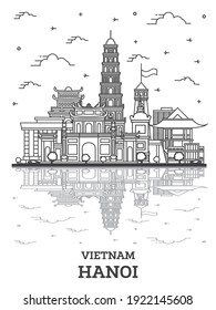 Outline Hanoi Vietnam City Skyline with Modern Buildings and Reflections Isolated on White. Vector illustration. Hanoi Cityscape with Landmarks.