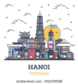 Outline Hanoi Vietnam City Skyline with Colored Historic Buildings Isolated on White. Vector illustration. Hanoi Cityscape with Landmarks.