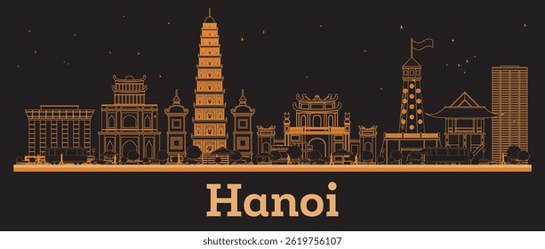 Outline Hanoi Vietnam City Skyline with orange Buildings. Vector Illustration. Business Travel and Concept with Modern Architecture. Hanoi Cityscape with Landmarks.