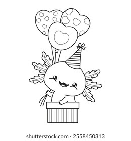 Outline happy Axolotl in birthday cap in gift box with balloons hearts. Little festive cartoon kawaii character. Line drawing, coloring book. Vector illustration. Kids collection