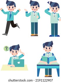  Outline happy business character at work. Businessman goes to work