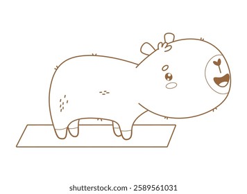 Outline Happy Capybara After Fitness Standing on Yoga Mat. Funny Cartoon kawaii Animal sportsman. Line drawing, coloring book. Vector illustration. Kids collection