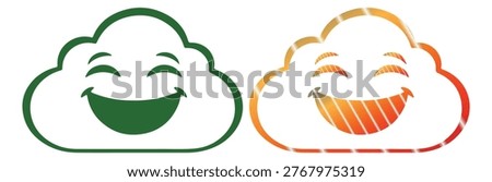 Outline happy cloud icon with a cute smiling face, presented in two color variations.