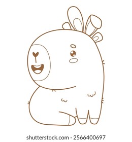 Outline Happy Easter Capybara with Bunny Ears. Cute cartoon animal. Line drawing, coloring book. Vector illustration. Kids collection