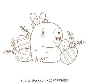 Outline Happy Easter Capybara in bunny ears with paschal eggs. Cute Holiday cartoon kawaii animal. Line drawing, coloring book. Vector illustration. Kids collection