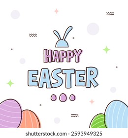 Outline Happy Easter square template on white background with colorful pastel eggs and geometry object