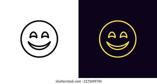 Outline happy emoji icon, with editable stroke. Cute emoticon with joyful smile, happy face pictogram. Funny emoticon silhouette, pleased face, glad emotion, positive vibe. Vector icon, sign for UI