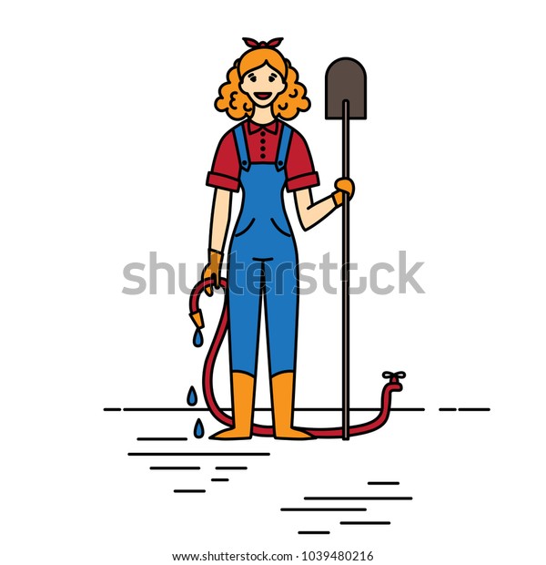 Outline Happy Gardener Woman Shovel Hose Stock Vector (Royalty Free ...