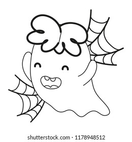 outline happy ghost character and spiderweb style
