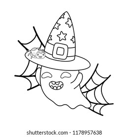 outline happy ghost with witch hat and spiderweb