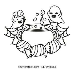 outline happy ghosts with pot cauldron in the spiderweb and candies